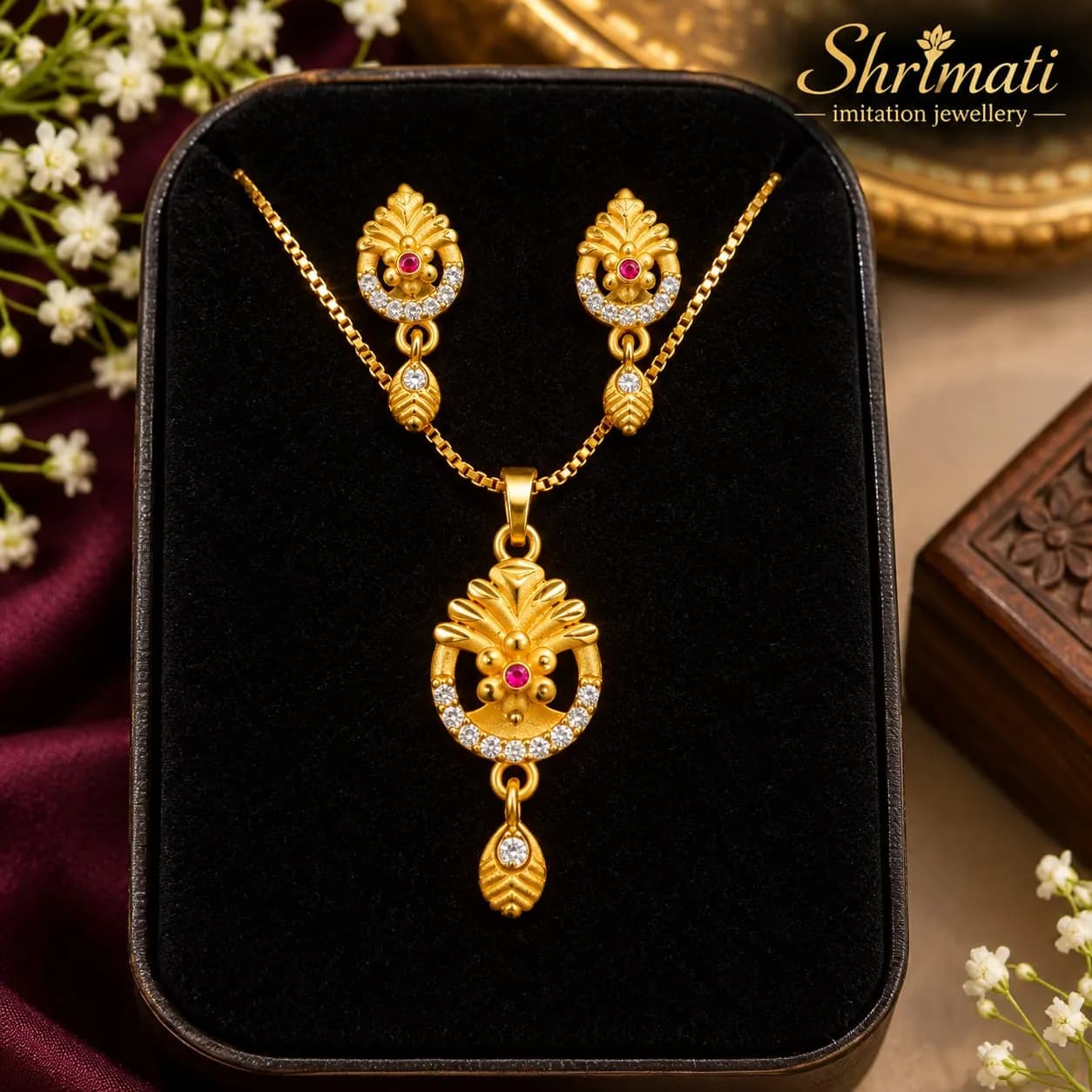 GOLD PLATED RUBY PAINDENT WITH SET EARRINGS