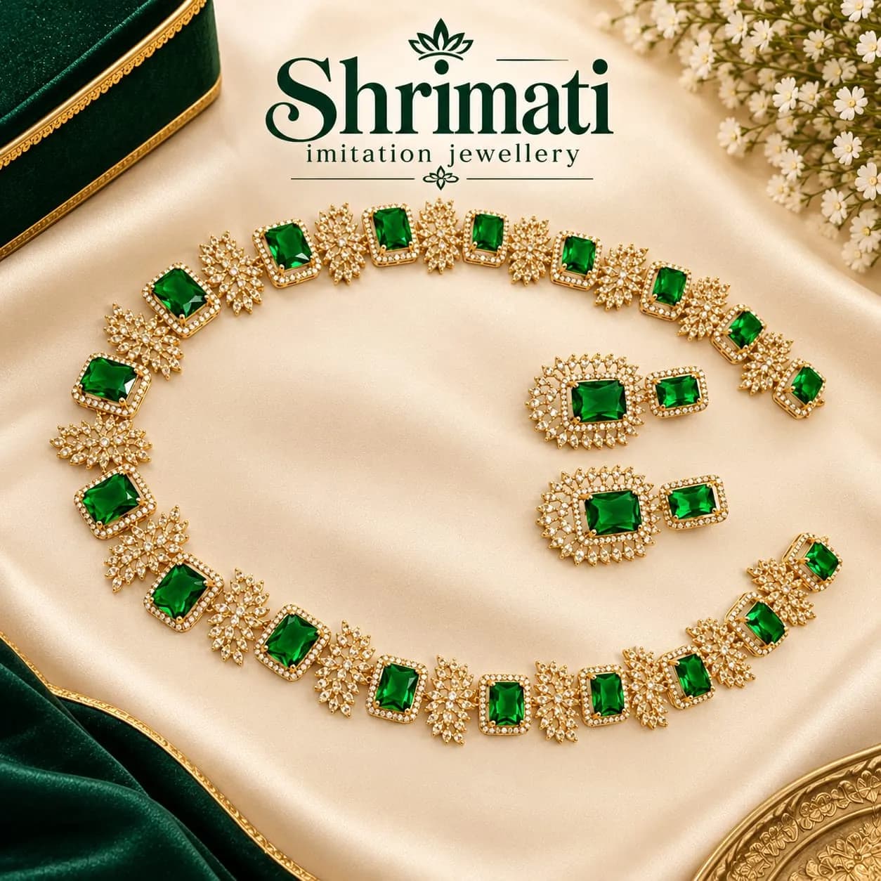 GOLD -PLATED EMERALD GREEN AND AMERICAN DIMOND STONE NECKLACE SET WITH MATCHING EARRINGS
