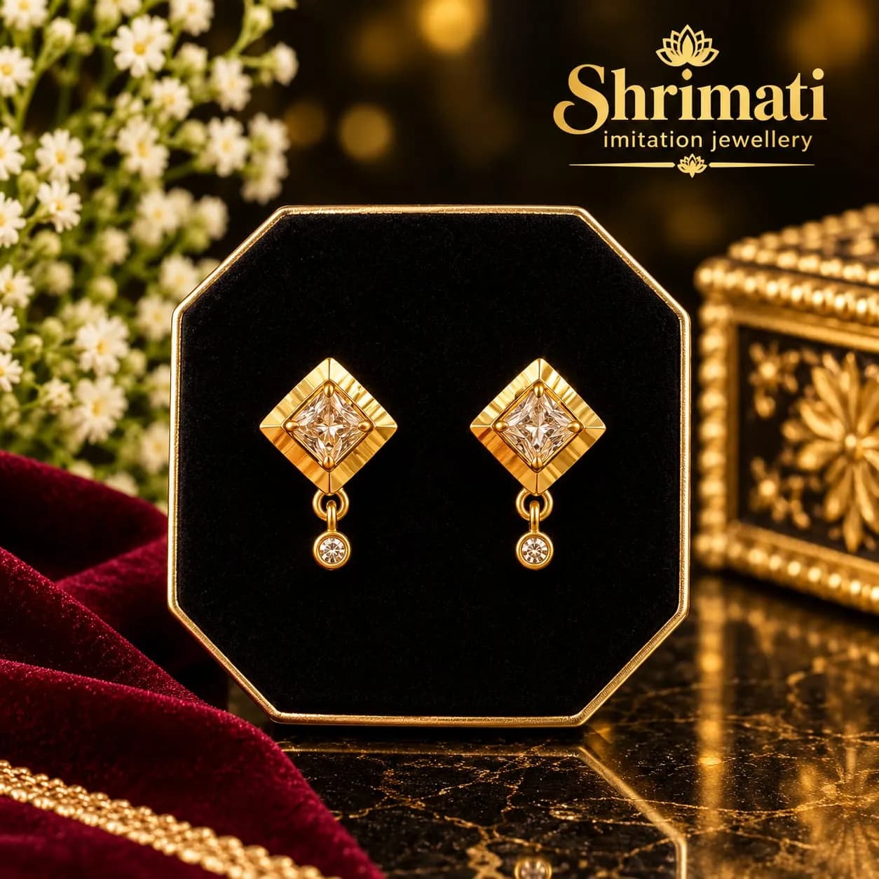 GOLD PLATED SQUARE CZ STONE DROP EARRINGS