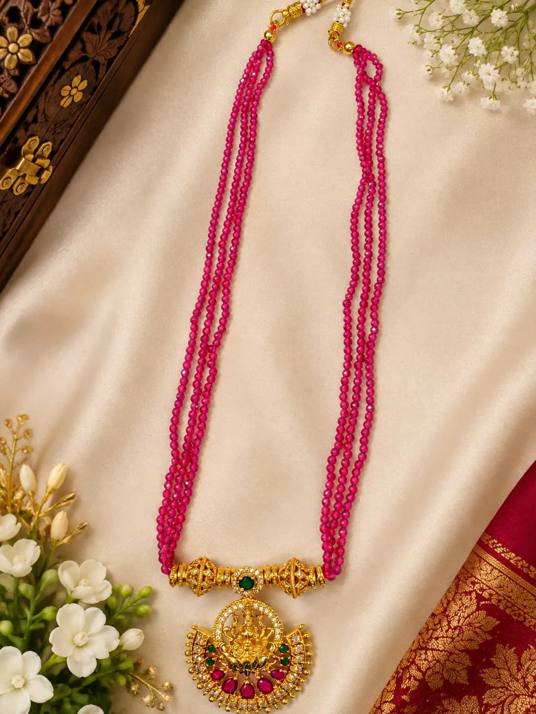 TRADITIONAL SOUTH INDIAN MULTI STRAND PINK BEADED NECKLACE